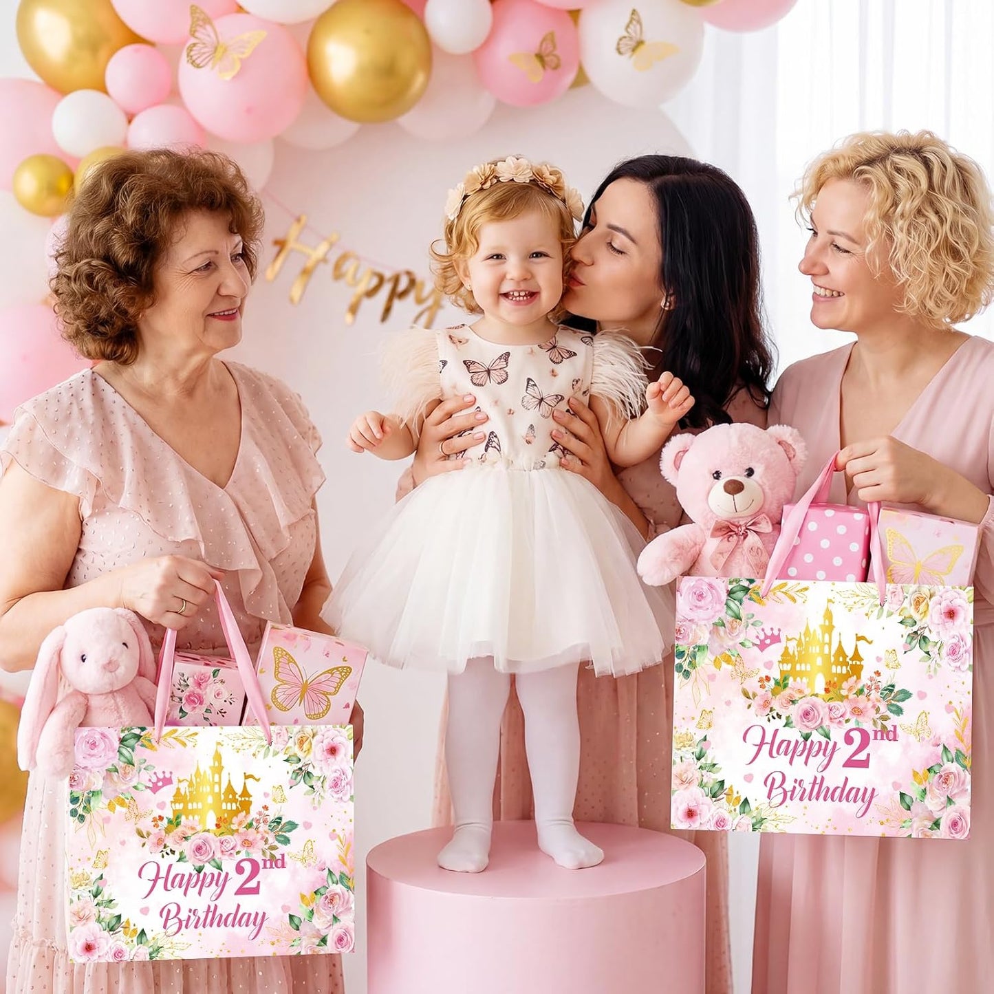 2nd Birthday Party Gift Bag for Girls Her Royal Pink Pastel Princess Castle Happy 2nd Birthday Party Decorations with Card & Wrapping Papers for Two Years Old Party Favors Supplies