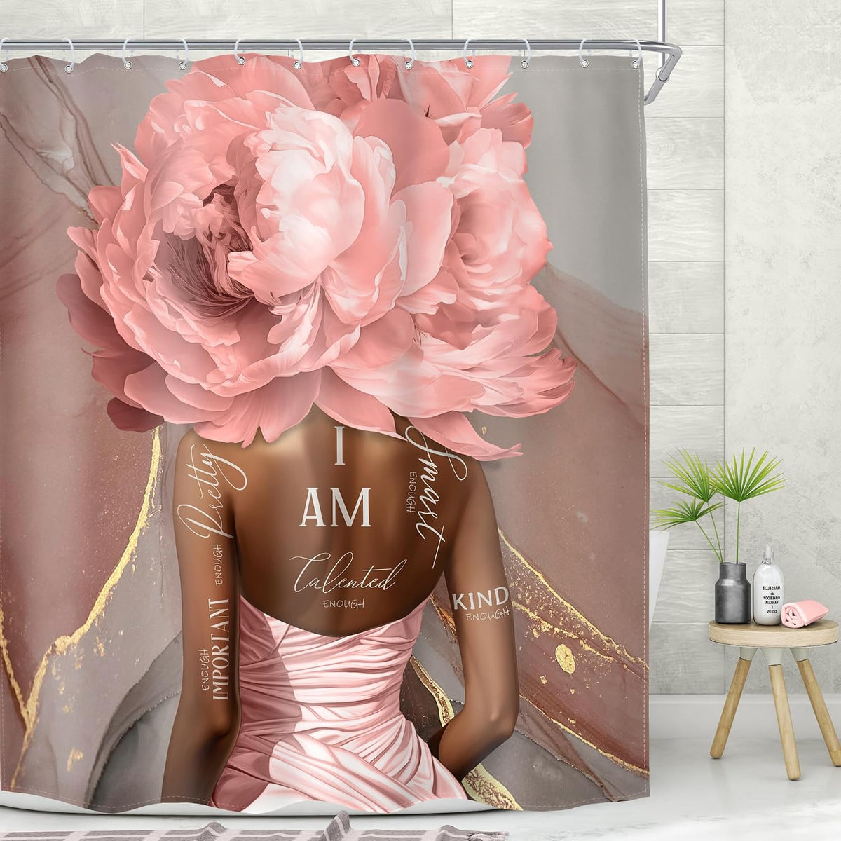 Pink Black Shower Curtain 60Wx72H Girl Abstract Marble for Bathroom