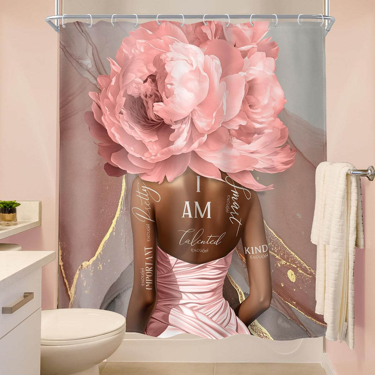 Pink Black Shower Curtain 60Wx72H Girl Abstract Marble for Bathroom