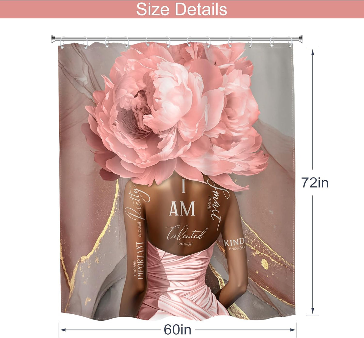 Pink Black Shower Curtain 60Wx72H Girl Abstract Marble for Bathroom
