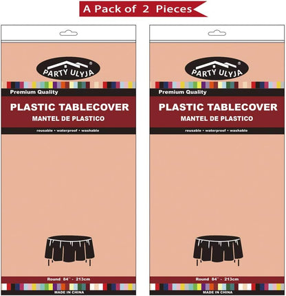 Peach Plastic Tablecloths 2 Pack Rose Gold Disposable Table Covers 84 Inch Circle Bridal Shower Party Tablecovers PEVA Table Cloths for BBQ Picnic Birthday Wedding Parties and 6 ft Round Table Use