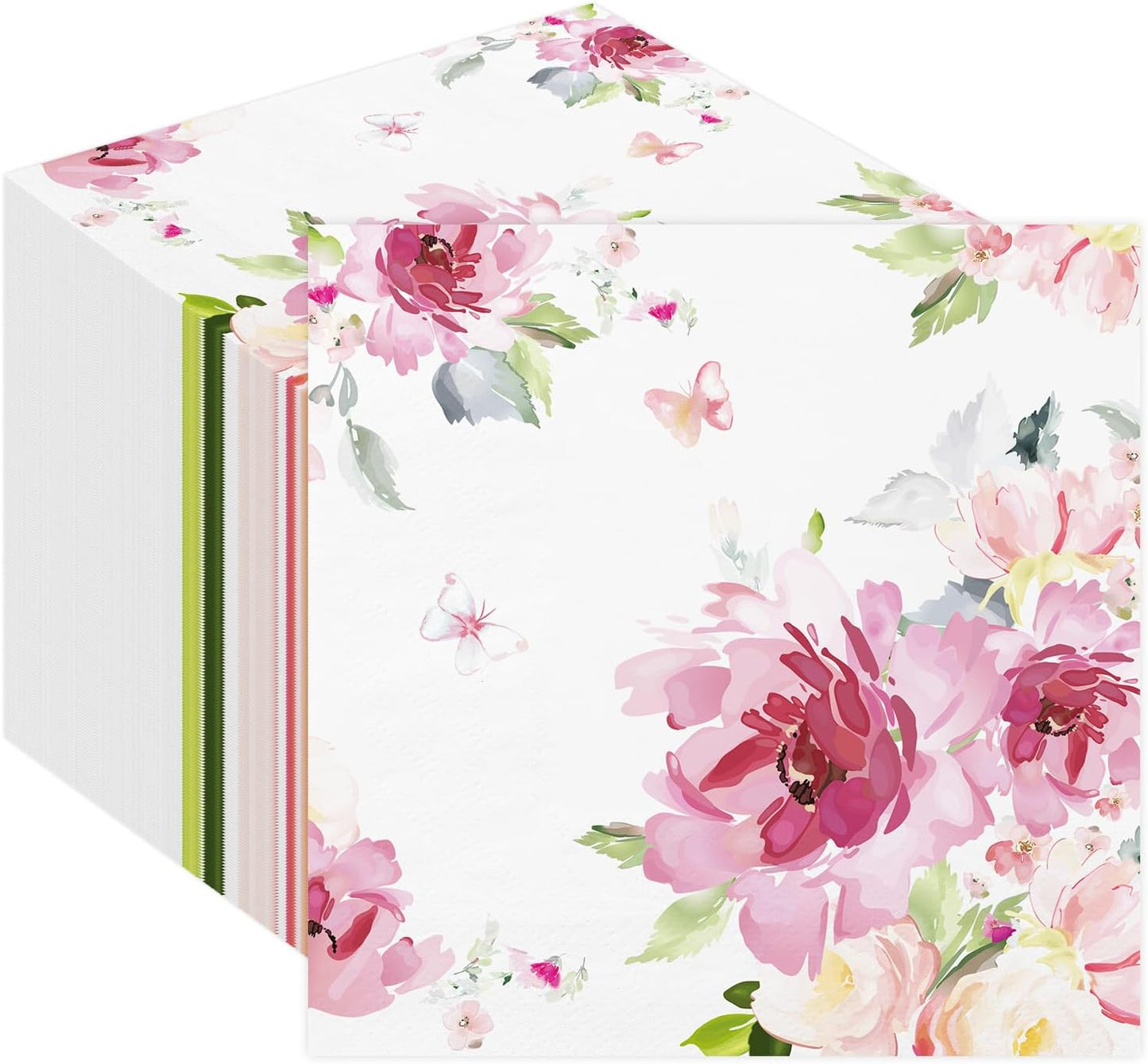 50 Pcs Floral Paper Napkins Watercolor Pink Flower Disposable Cocktail Napkins Spring Luncheon Dinner Napkins for Wedding Bridal Baby Shower Party Birthday，6.5"*6.5"