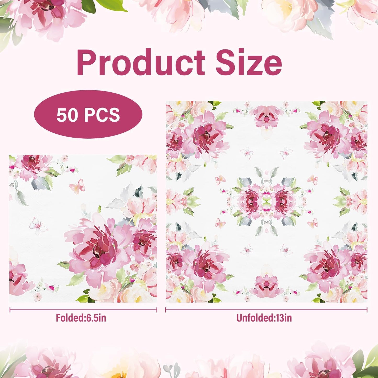 50 Pcs Floral Paper Napkins Watercolor Pink Flower Disposable Cocktail Napkins Spring Luncheon Dinner Napkins for Wedding Bridal Baby Shower Party Birthday，6.5"*6.5"