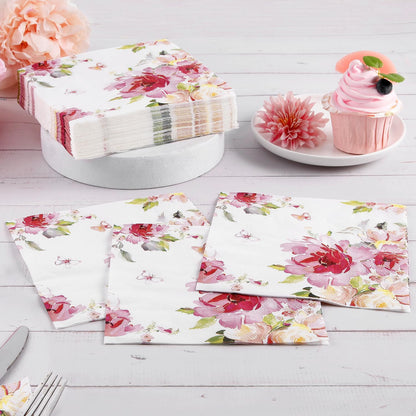 50 Pcs Floral Paper Napkins Watercolor Pink Flower Disposable Cocktail Napkins Spring Luncheon Dinner Napkins for Wedding Bridal Baby Shower Party Birthday，6.5"*6.5"