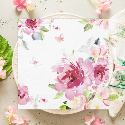 50 Pcs Floral Paper Napkins Watercolor Pink Flower Disposable Cocktail Napkins Spring Luncheon Dinner Napkins for Wedding Bridal Baby Shower Party Birthday，6.5"*6.5"