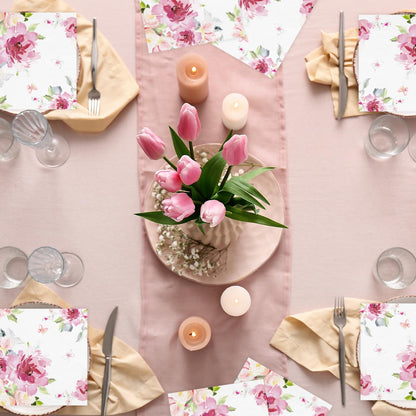 50 Pcs Floral Paper Napkins Watercolor Pink Flower Disposable Cocktail Napkins Spring Luncheon Dinner Napkins for Wedding Bridal Baby Shower Party Birthday，6.5"*6.5"