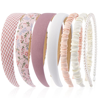 7 Pcs Different Headbands for Women Fashion Pink Solid Head Bands Pearl Headband Non Slip Hair Band for Womens Thin Thick Short Hair Face Wash Hair Accessories Gifts for Women Gilrs
