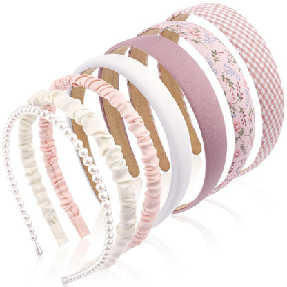 7 Pcs Different Headbands for Women Fashion Pink Solid Head Bands Pearl Headband Non Slip Hair Band for Womens Thin Thick Short Hair Face Wash Hair Accessories Gifts for Women Gilrs