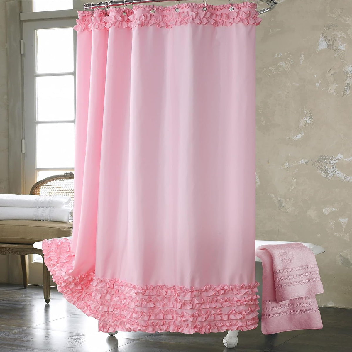 Ruffle Shower Curtain, Pink Long Stall Fabric Shower Curtain with Handmade Ruffles, Farmhouse Chic Bath Small Curtains, 54" W x 78" H