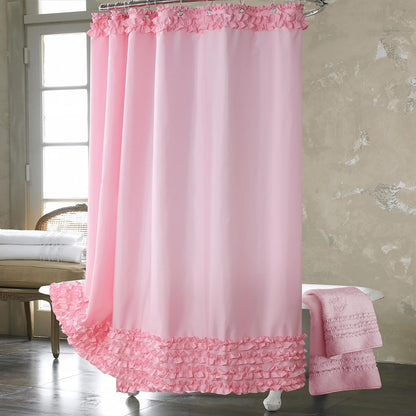 Ruffle Shower Curtain, Pink Long Stall Fabric Shower Curtain with Handmade Ruffles, Farmhouse Chic Bath Small Curtains, 54" W x 78" H