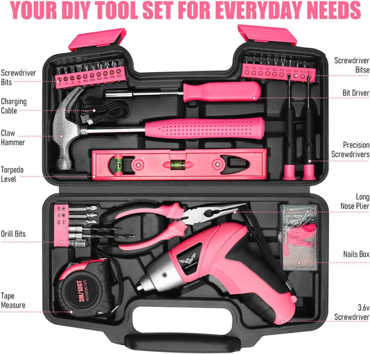 Pink 3.6V USB Cordless Electric Screwdriver & Household Tool Kit
