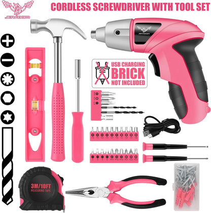 Pink 3.6V USB Cordless Electric Screwdriver & Household Tool Kit