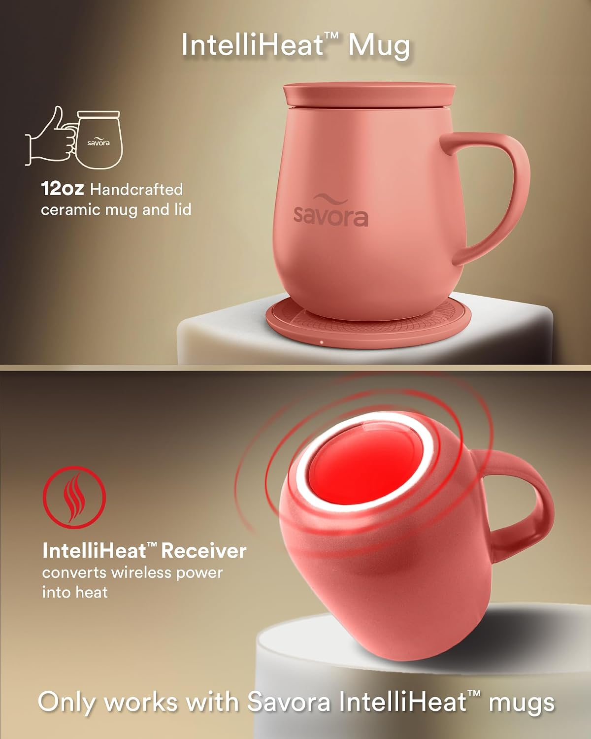 12oz IntelliHeat™ Coffee Mug | Barista’s Choice | Exclusive Wireless SmartSense Pad | Maintains Perfect 135°F | Hand-Crafted Ceramic Mug & Lid | Great for Tea Drinkers | Backed for Life - Pink