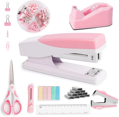 Pink Desk Accessories Set for Women, Stapler and Tape Dispenser Set with Scissor, Staple Remover, Clips & Tabs, Cute Office Supplies Kit for Desk Organization, School, Home & Office, Gift Idea