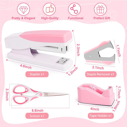 Pink Desk Accessories Set for Women, Stapler and Tape Dispenser Set with Scissor, Staple Remover, Clips & Tabs, Cute Office Supplies Kit for Desk Organization, School, Home & Office, Gift Idea