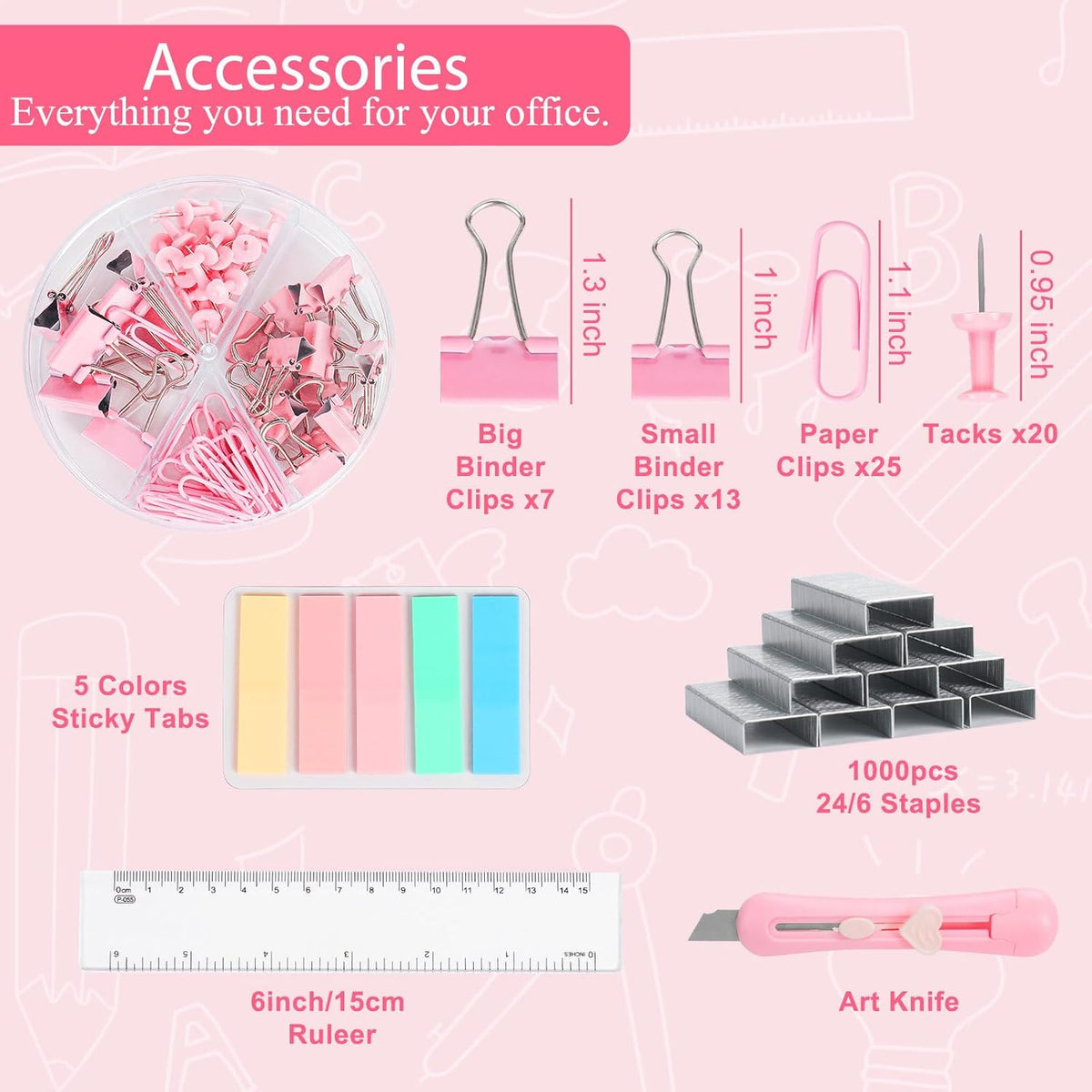 Pink Desk Accessories Set for Women, Stapler and Tape Dispenser Set with Scissor, Staple Remover, Clips & Tabs, Cute Office Supplies Kit for Desk Organization, School, Home & Office, Gift Idea