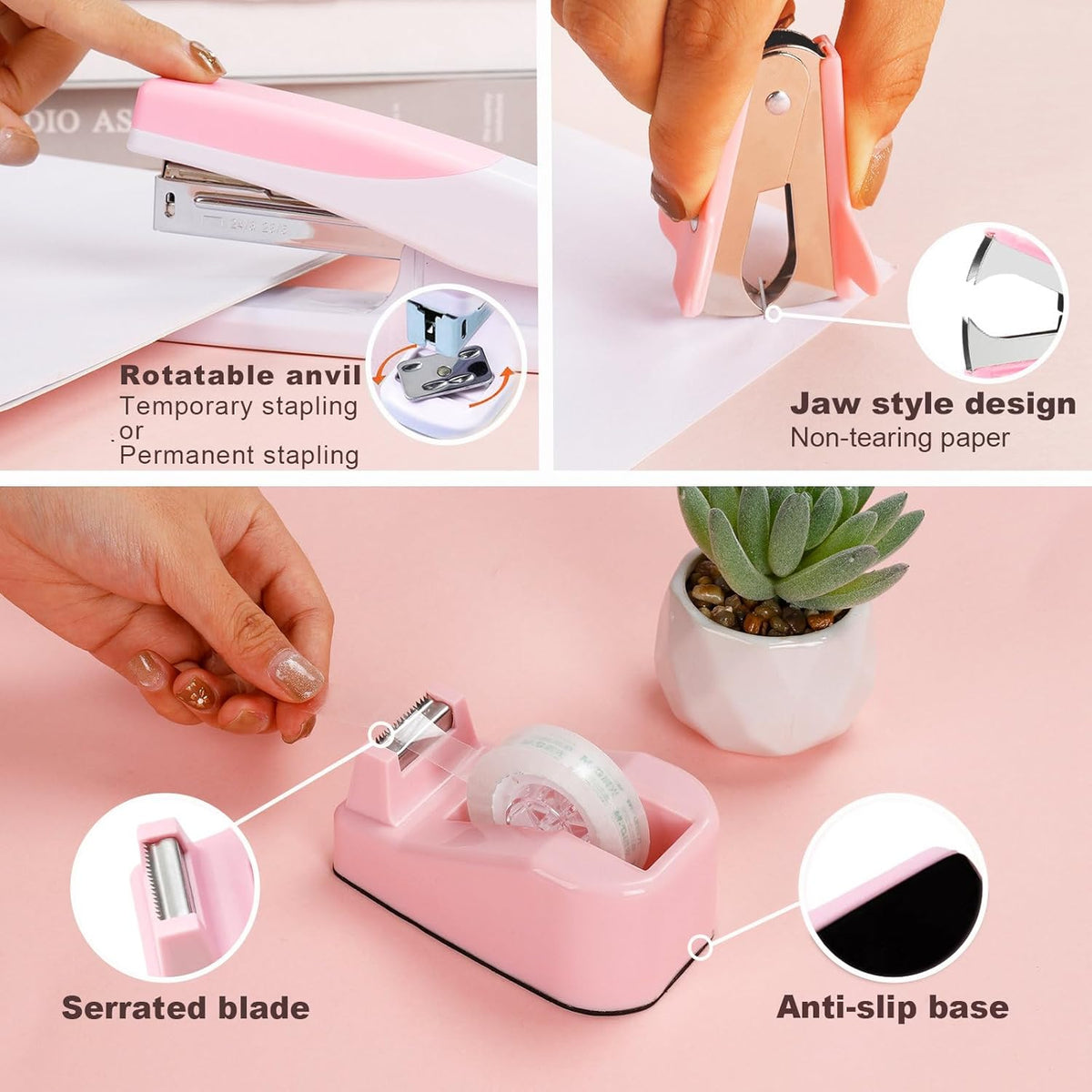 Pink Desk Accessories Set for Women, Stapler and Tape Dispenser Set with Scissor, Staple Remover, Clips & Tabs, Cute Office Supplies Kit for Desk Organization, School, Home & Office, Gift Idea