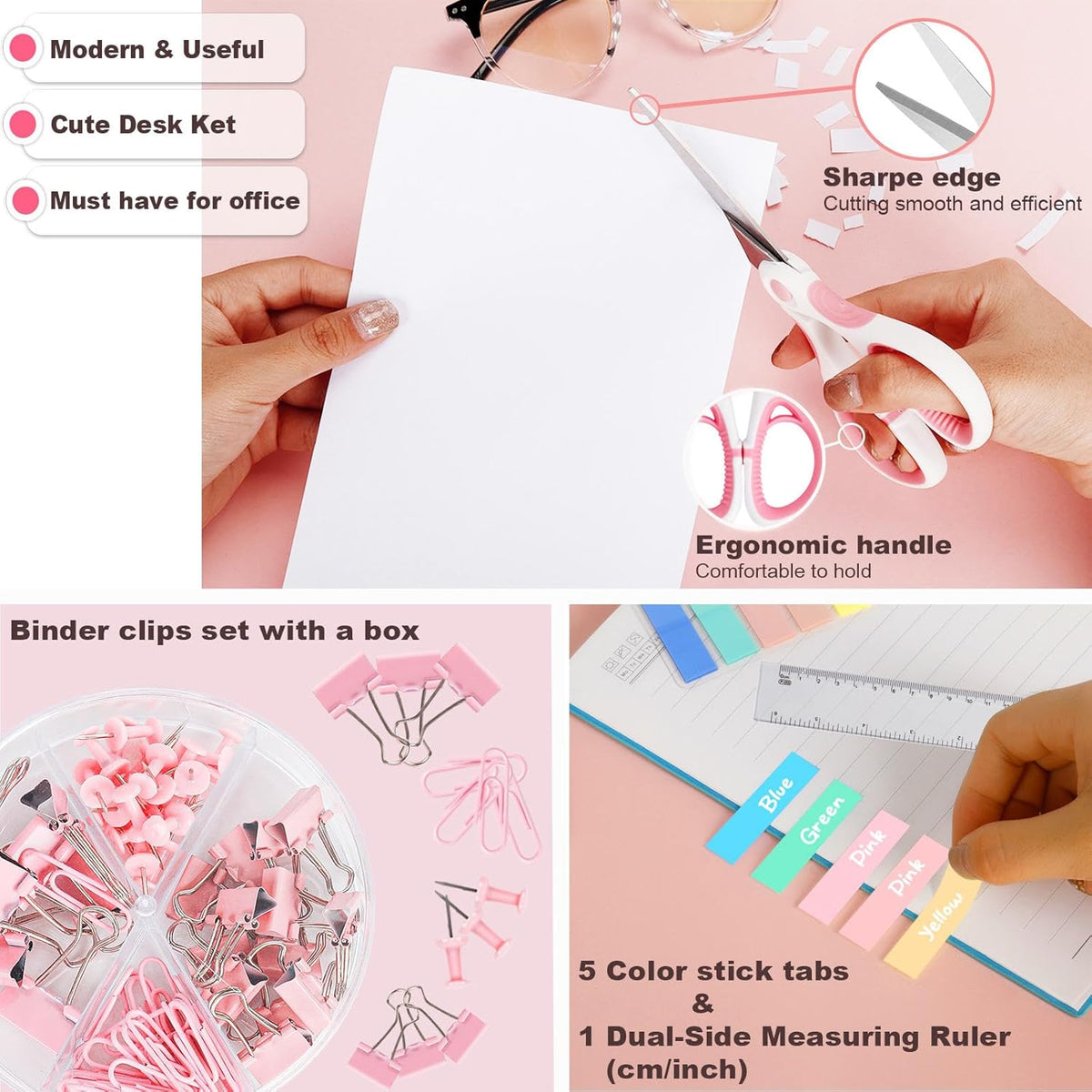 Pink Desk Accessories Set for Women, Stapler and Tape Dispenser Set with Scissor, Staple Remover, Clips & Tabs, Cute Office Supplies Kit for Desk Organization, School, Home & Office, Gift Idea