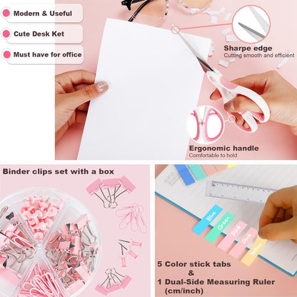 Pink Desk Accessories Set for Women, Stapler and Tape Dispenser Set with Scissor, Staple Remover, Clips & Tabs, Cute Office Supplies Kit for Desk Organization, School, Home & Office, Gift Idea