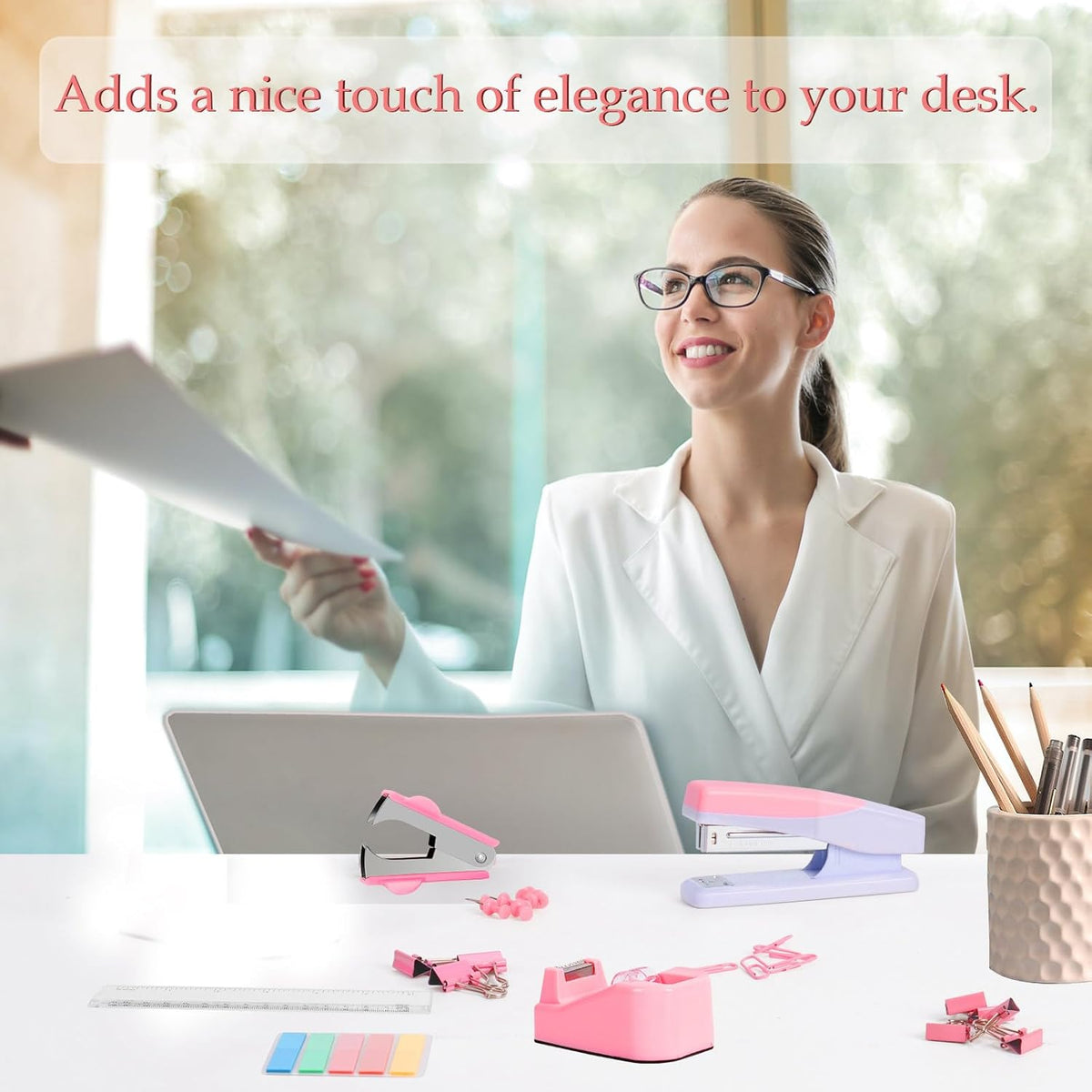 Pink Desk Accessories Set for Women, Stapler and Tape Dispenser Set with Scissor, Staple Remover, Clips & Tabs, Cute Office Supplies Kit for Desk Organization, School, Home & Office, Gift Idea
