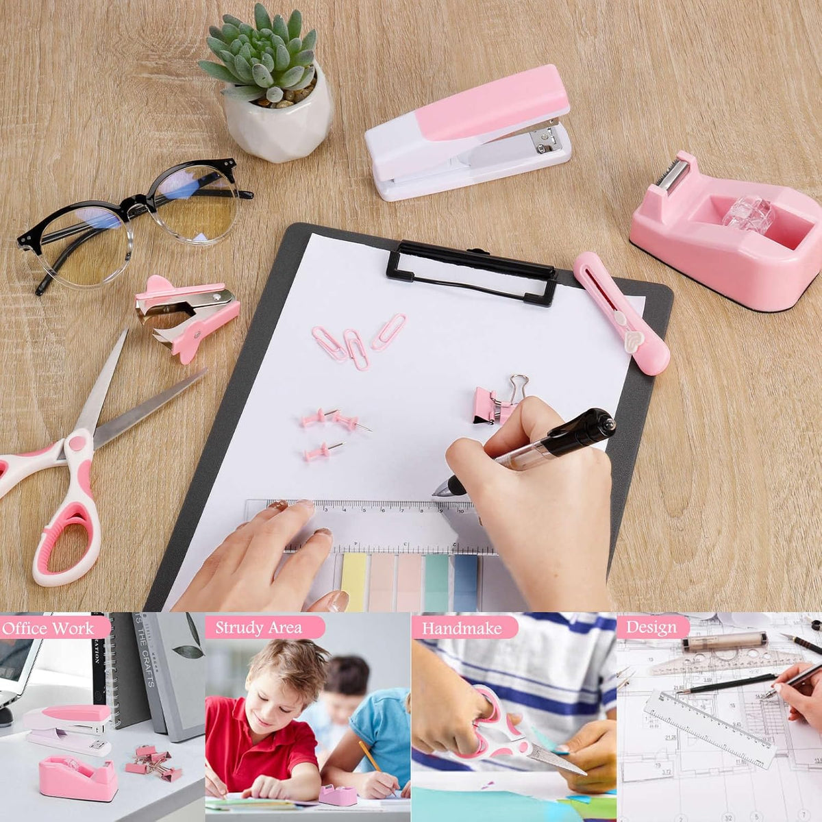 Pink Desk Accessories Set for Women, Stapler and Tape Dispenser Set with Scissor, Staple Remover, Clips & Tabs, Cute Office Supplies Kit for Desk Organization, School, Home & Office, Gift Idea