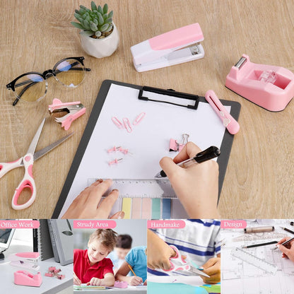 Pink Desk Accessories Set for Women, Stapler and Tape Dispenser Set with Scissor, Staple Remover, Clips & Tabs, Cute Office Supplies Kit for Desk Organization, School, Home & Office, Gift Idea