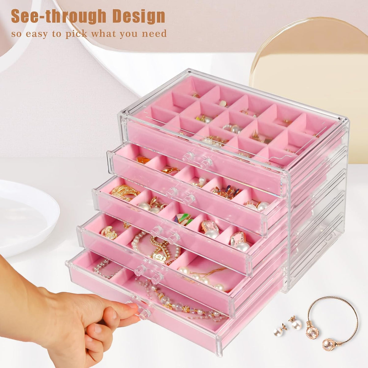 Earring Organizer, Acrylic Jewelry Box with 5 Drawers for Women, Pink
