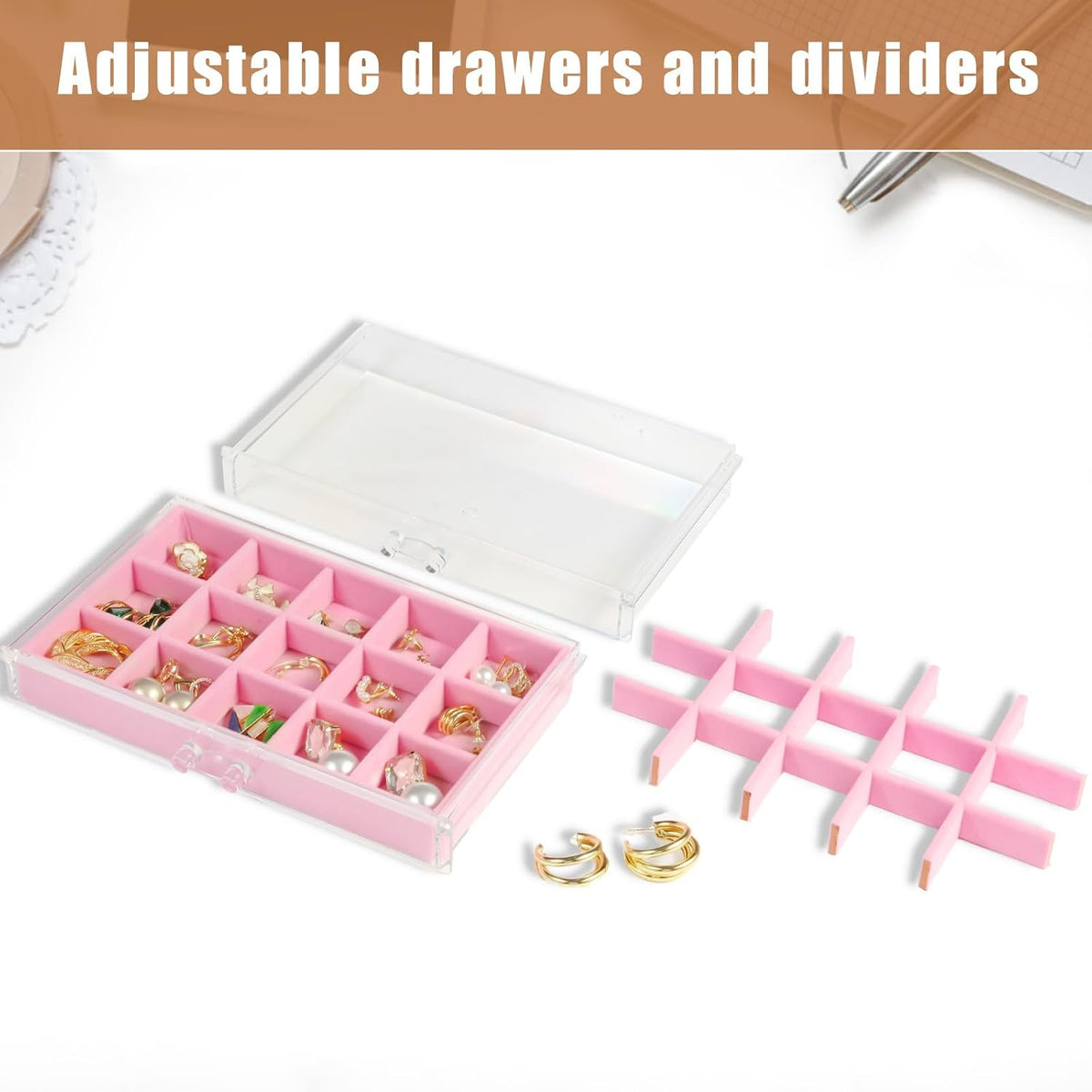 Earring Organizer, Acrylic Jewelry Box with 5 Drawers for Women, Pink