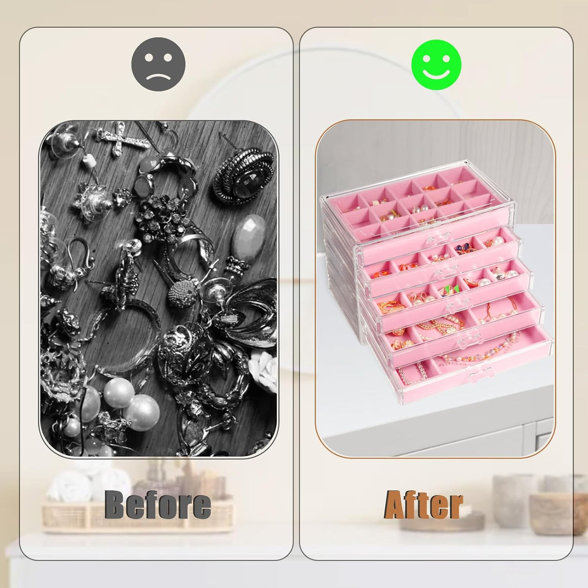 Earring Organizer, Acrylic Jewelry Box with 5 Drawers for Women, Pink