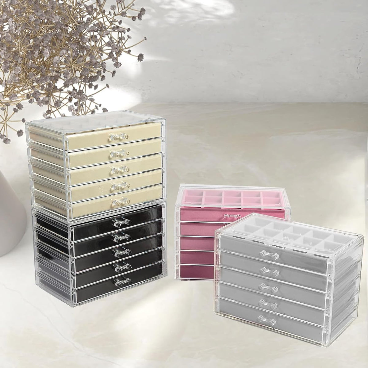 Earring Organizer, Acrylic Jewelry Box with 5 Drawers for Women, Pink