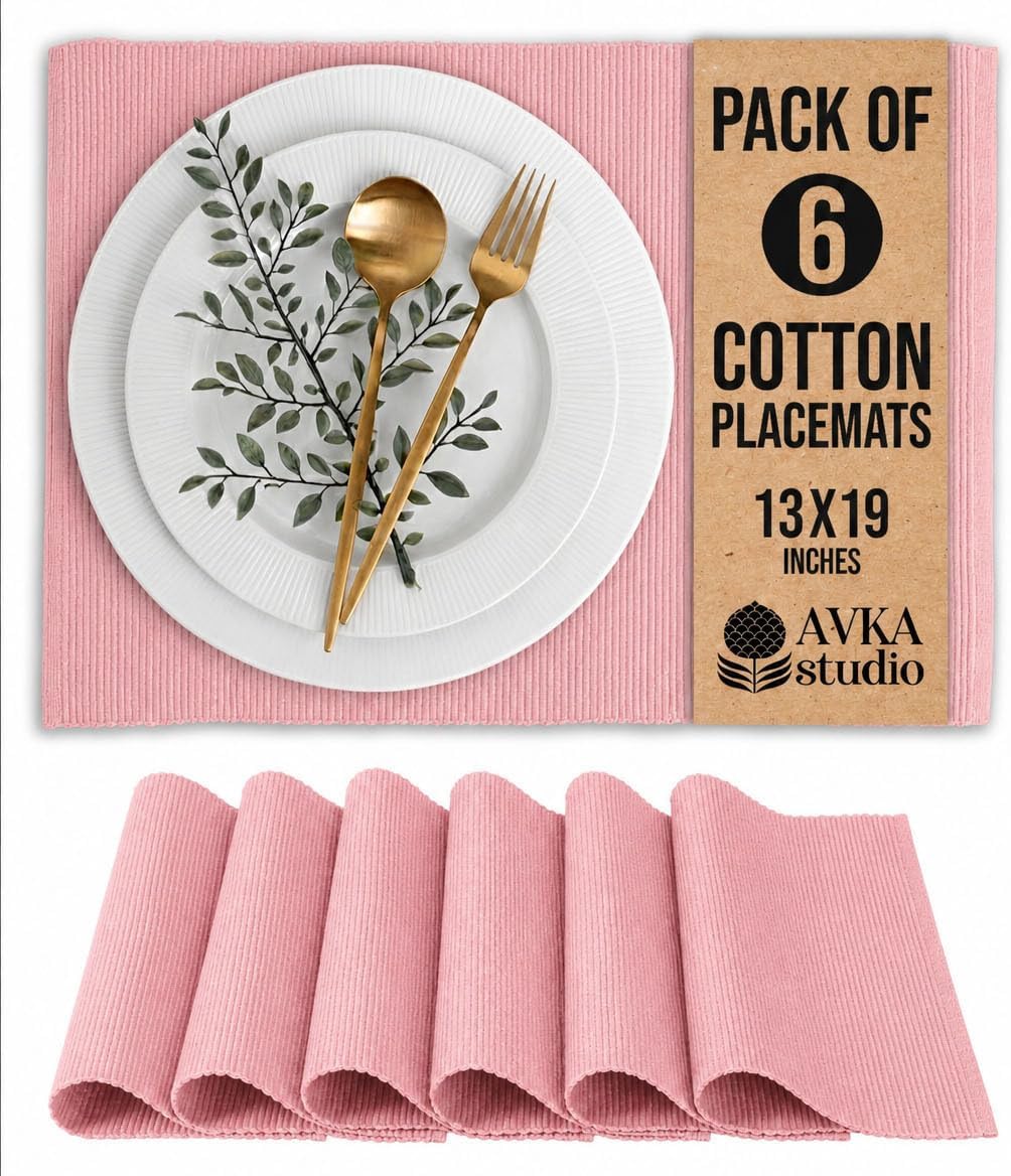 100% Cotton Ribbed Placemats - Set of 6-13 x 19 Inches - Dull Pink - Everyday Basic Cloth Table Mats - Thick Construction, Washable & Reusable Cloth Place Mats