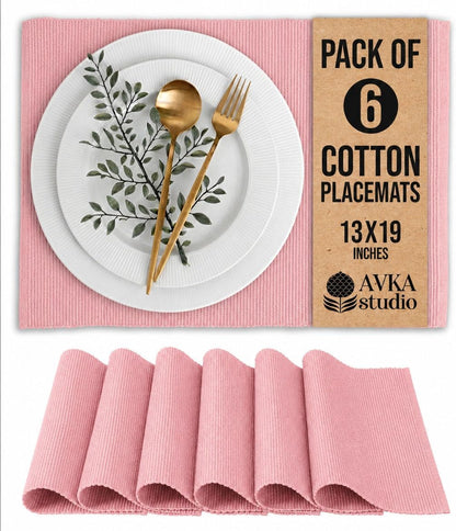 100% Cotton Ribbed Placemats - Set of 6-13 x 19 Inches - Dull Pink - Everyday Basic Cloth Table Mats - Thick Construction, Washable & Reusable Cloth Place Mats