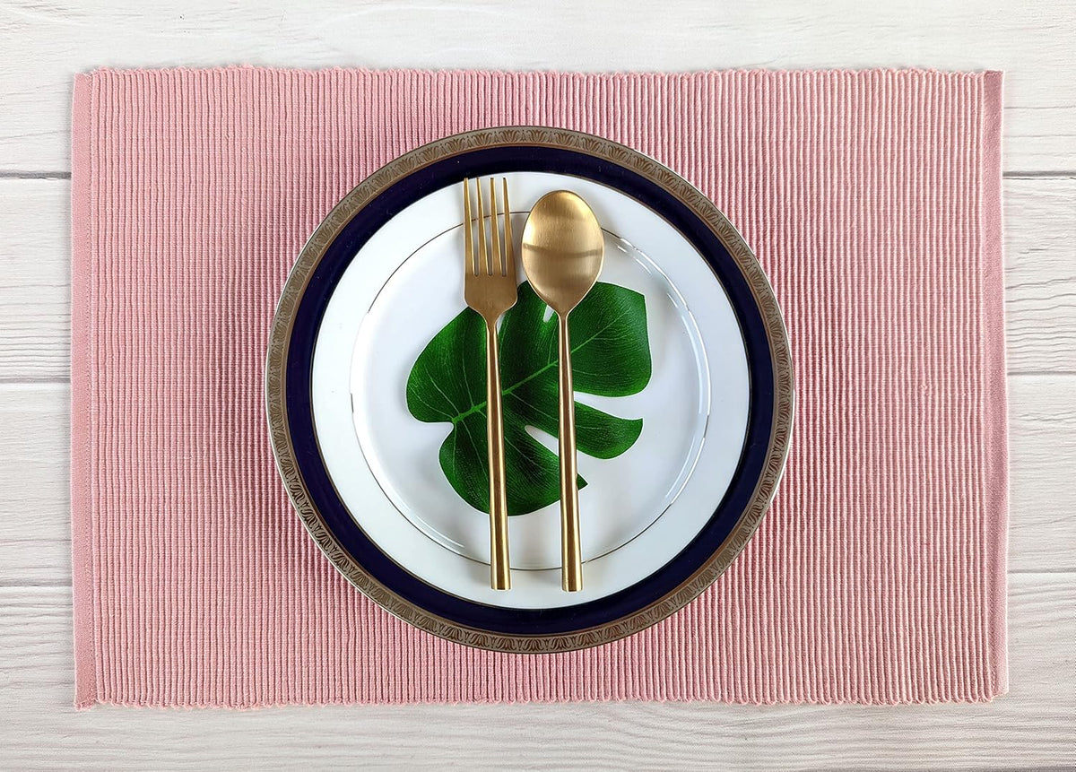100% Cotton Ribbed Placemats - Set of 6-13 x 19 Inches - Dull Pink - Everyday Basic Cloth Table Mats - Thick Construction, Washable & Reusable Cloth Place Mats