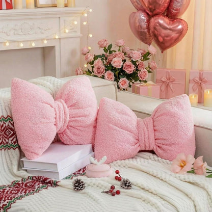 2 Pcs Pink Bow Throw Pillows Decorative, 15.35" x 11.4"