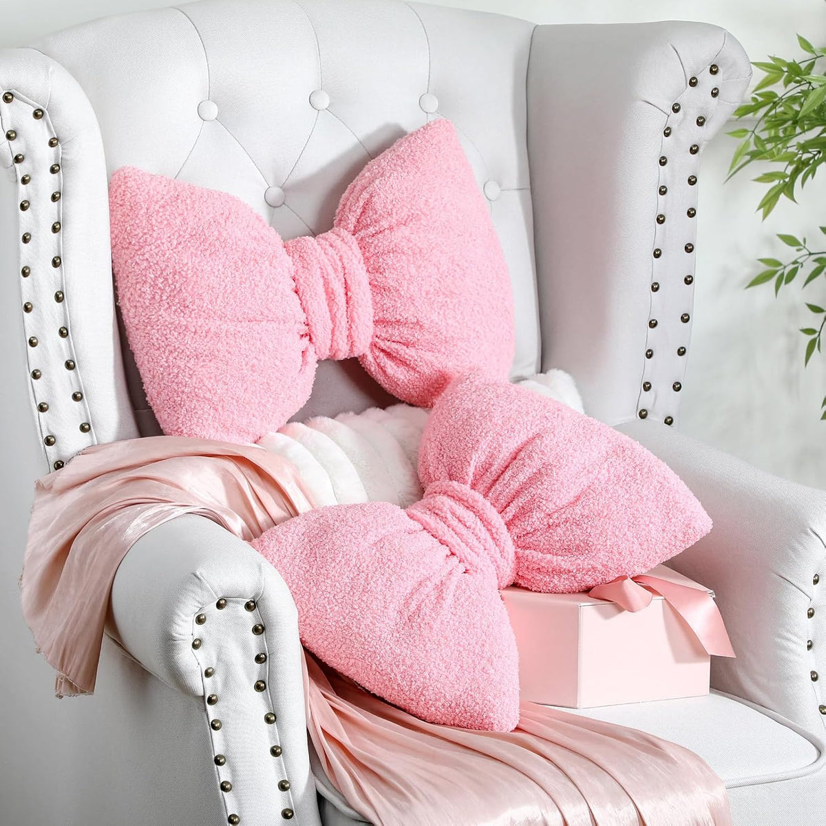 2 Pcs Pink Bow Throw Pillows Decorative, 15.35" x 11.4"