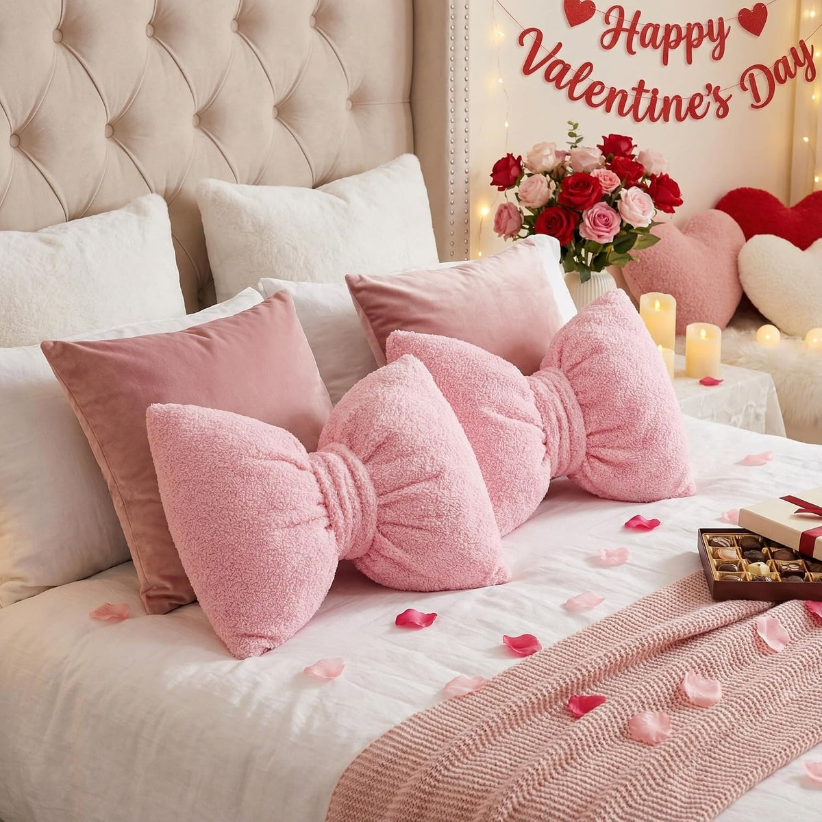 2 Pcs Pink Bow Throw Pillows Decorative, 15.35" x 11.4"