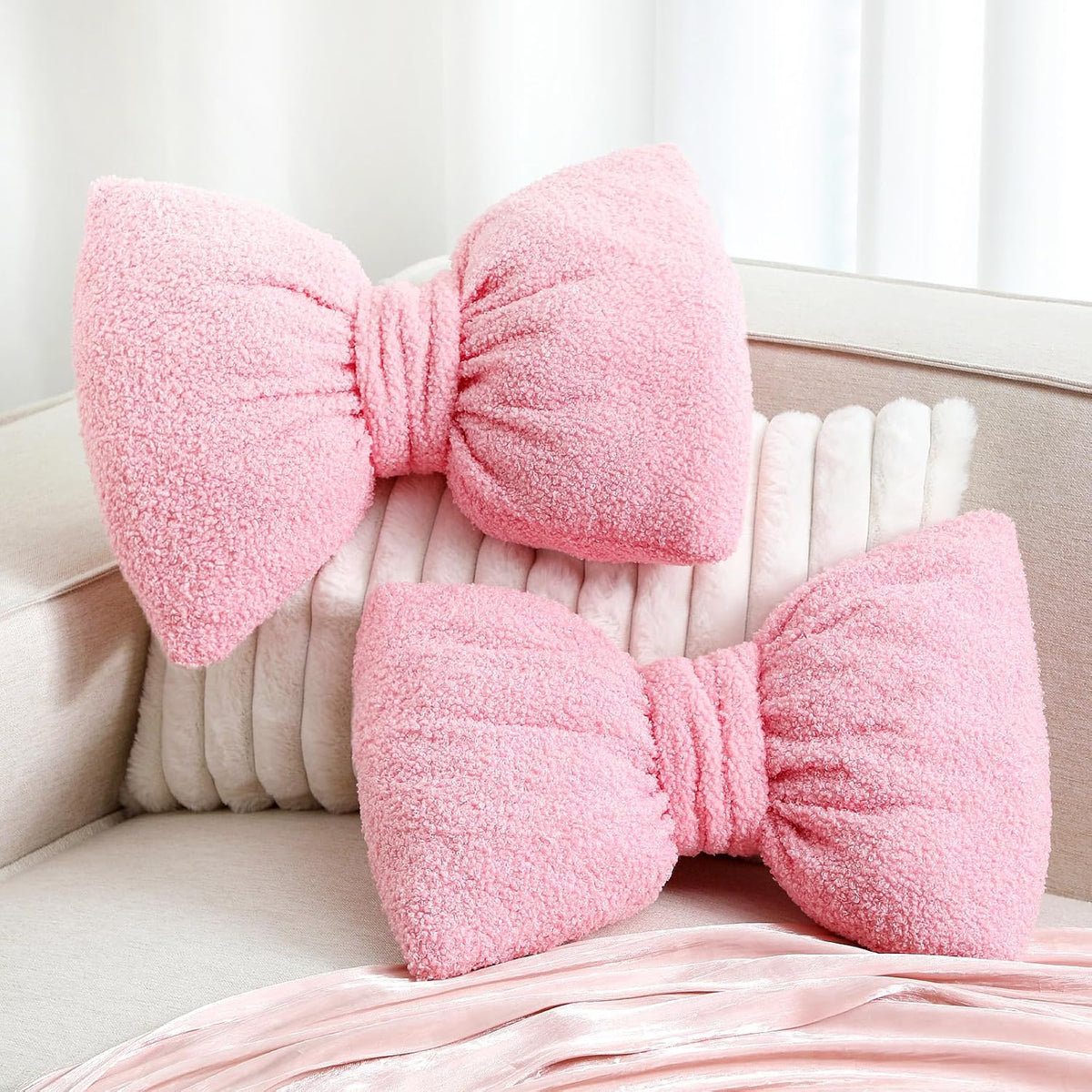 2 Pcs Pink Bow Throw Pillows Decorative, 15.35" x 11.4"
