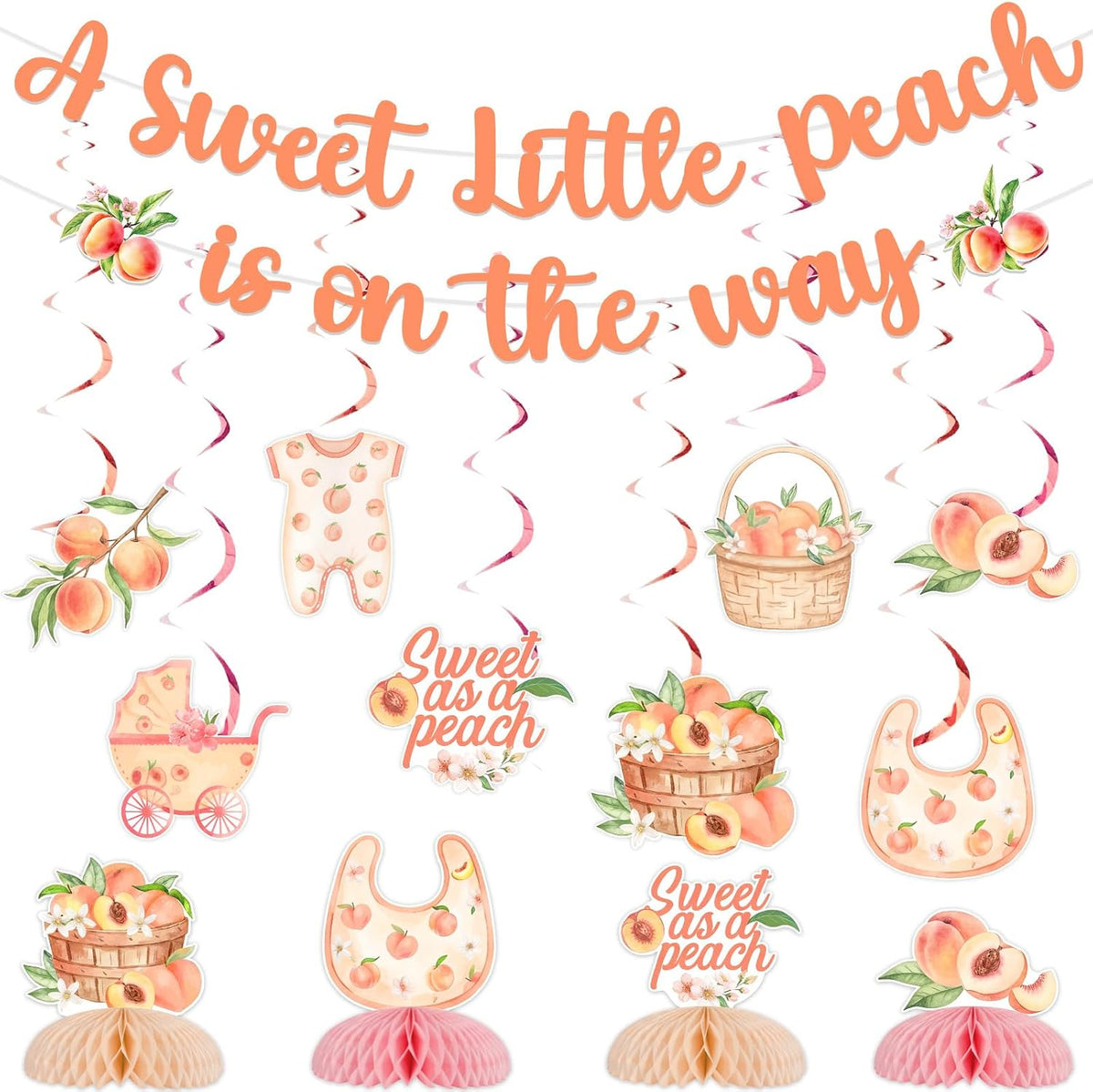 Peach Baby Shower Decorations Set, A Sweet Little Peach Is on the Way Banner, Sweet as a Peaches Honeycomb Centerpieces, Hanging Swirls Décor for Baby Girl Celebration