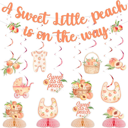 Peach Baby Shower Decorations Set, A Sweet Little Peach Is on the Way Banner, Sweet as a Peaches Honeycomb Centerpieces, Hanging Swirls Décor for Baby Girl Celebration
