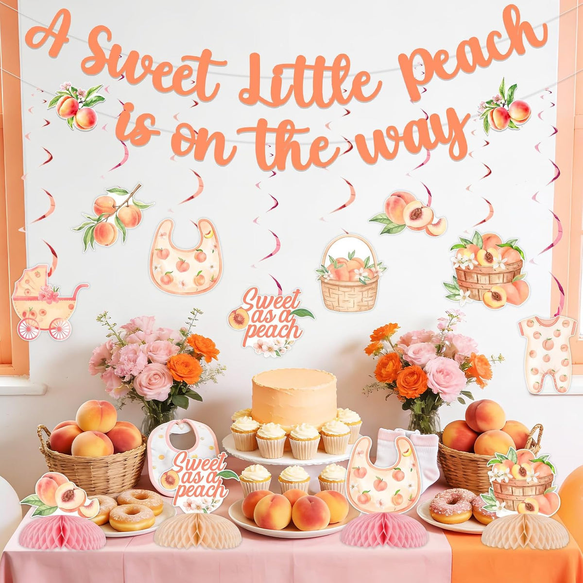Peach Baby Shower Decorations Set, A Sweet Little Peach Is on the Way Banner, Sweet as a Peaches Honeycomb Centerpieces, Hanging Swirls Décor for Baby Girl Celebration