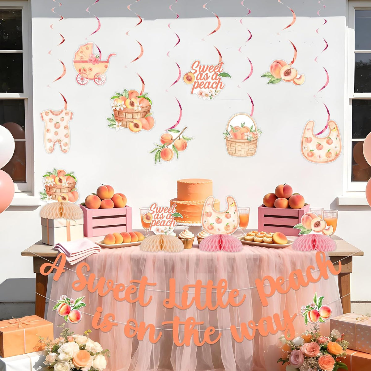 Peach Baby Shower Decorations Set, A Sweet Little Peach Is on the Way Banner, Sweet as a Peaches Honeycomb Centerpieces, Hanging Swirls Décor for Baby Girl Celebration