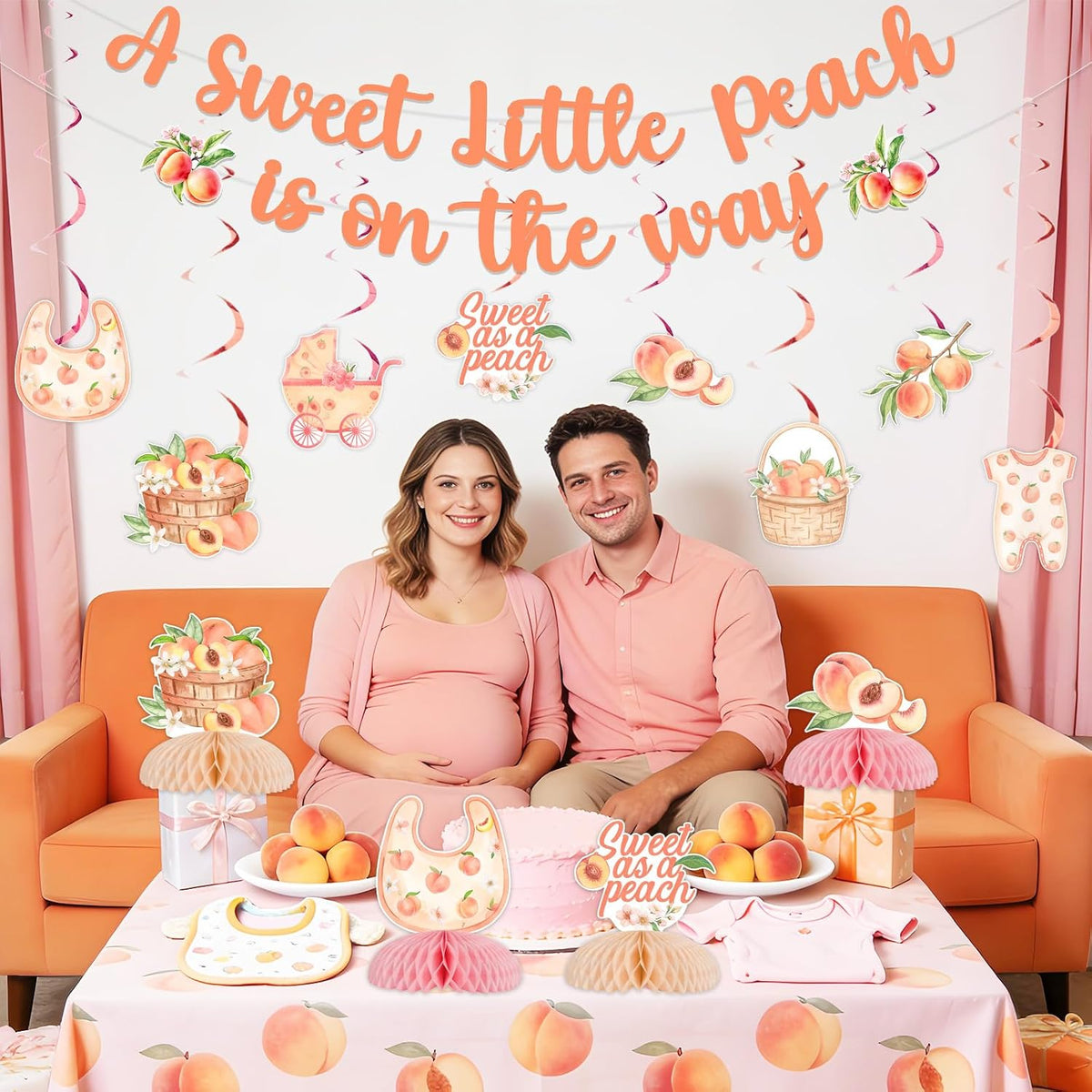 Peach Baby Shower Decorations Set, A Sweet Little Peach Is on the Way Banner, Sweet as a Peaches Honeycomb Centerpieces, Hanging Swirls Décor for Baby Girl Celebration