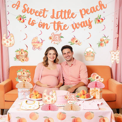 Peach Baby Shower Decorations Set, A Sweet Little Peach Is on the Way Banner, Sweet as a Peaches Honeycomb Centerpieces, Hanging Swirls Décor for Baby Girl Celebration