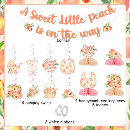 Peach Baby Shower Decorations Set, A Sweet Little Peach Is on the Way Banner, Sweet as a Peaches Honeycomb Centerpieces, Hanging Swirls Décor for Baby Girl Celebration
