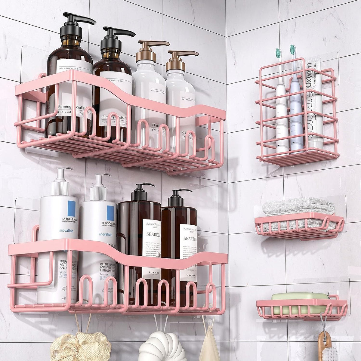 5-Pack Rustproof Stainless Steel Shower Caddy – No Drill Adhesive Bathroom Organizer with Large Capacity, Spacious Shower Shelves for Inside Shower, Kitchen & Home Decor Storage-XL Size