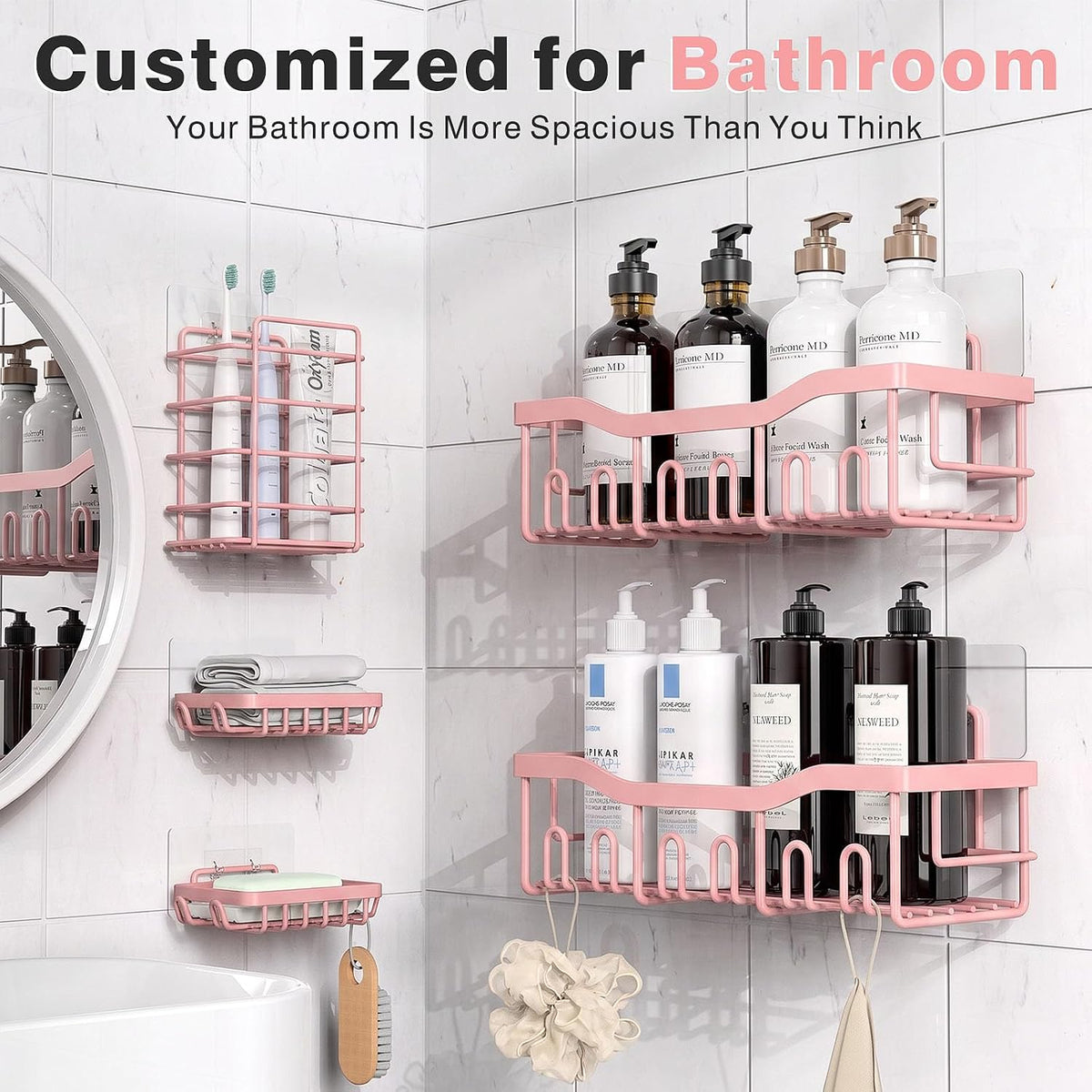 5-Pack Rustproof Stainless Steel Shower Caddy – No Drill Adhesive Bathroom Organizer with Large Capacity, Spacious Shower Shelves for Inside Shower, Kitchen & Home Decor Storage-XL Size
