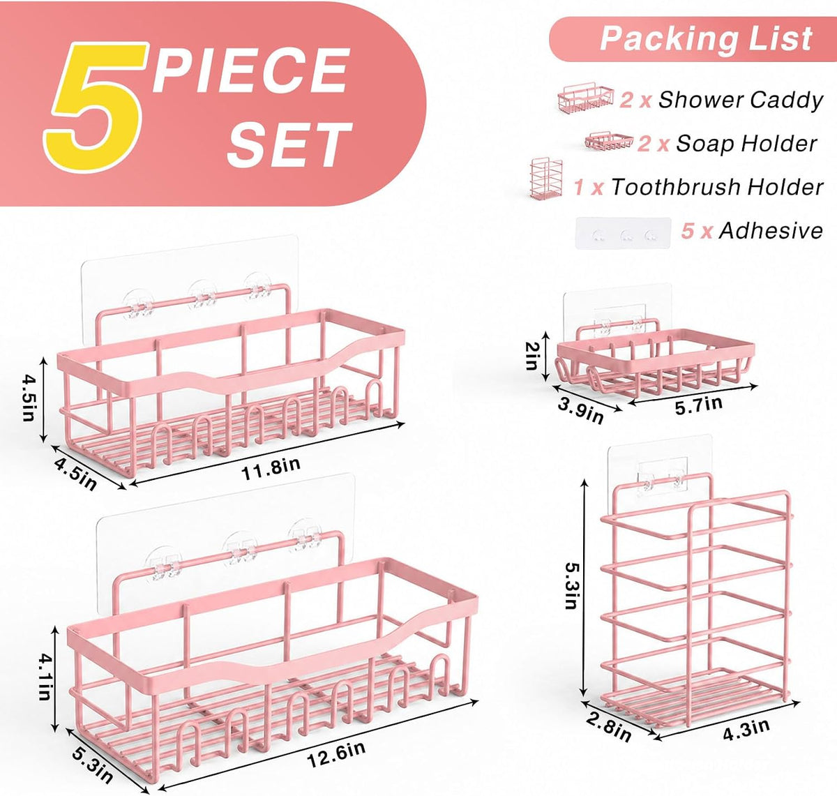 5-Pack Rustproof Stainless Steel Shower Caddy – No Drill Adhesive Bathroom Organizer with Large Capacity, Spacious Shower Shelves for Inside Shower, Kitchen & Home Decor Storage-XL Size