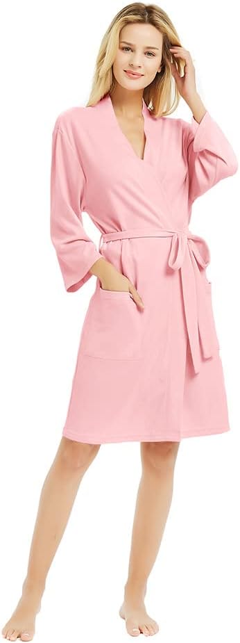Womens Robes, 100% Cotton Lightweight Robes 3/4 Sleeves Kimono Knit Soft Loungewear Short Bathrobe