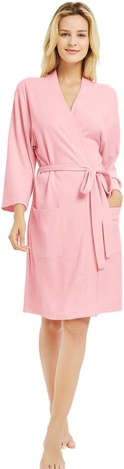 Womens Robes, 100% Cotton Lightweight Robes 3/4 Sleeves Kimono Knit Soft Loungewear Short Bathrobe
