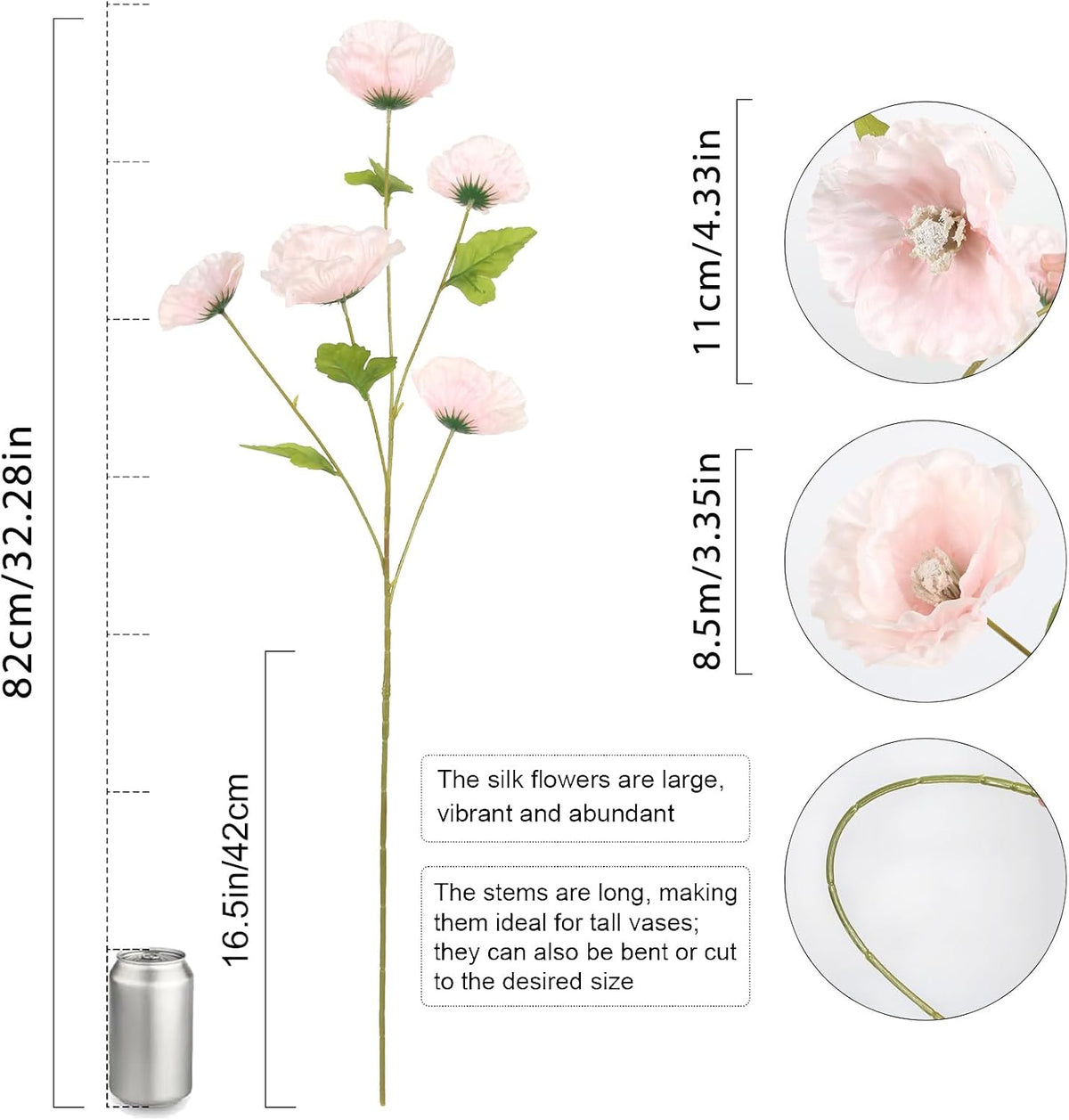 Poppies Flowers Artificial Silk Flowers 32in 6PCS Artificial Poppies Pink Flowers for Wedding Home Party Table Centerpiece Arrangement Decoration (Pink)